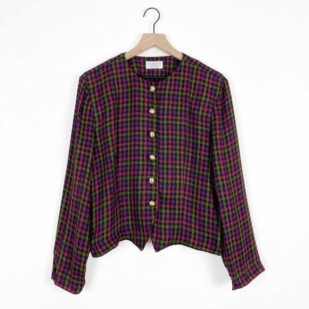Vintage Clueless 80s 90s Plaid Blazer Jacket Pink Purple Green Size Large USA